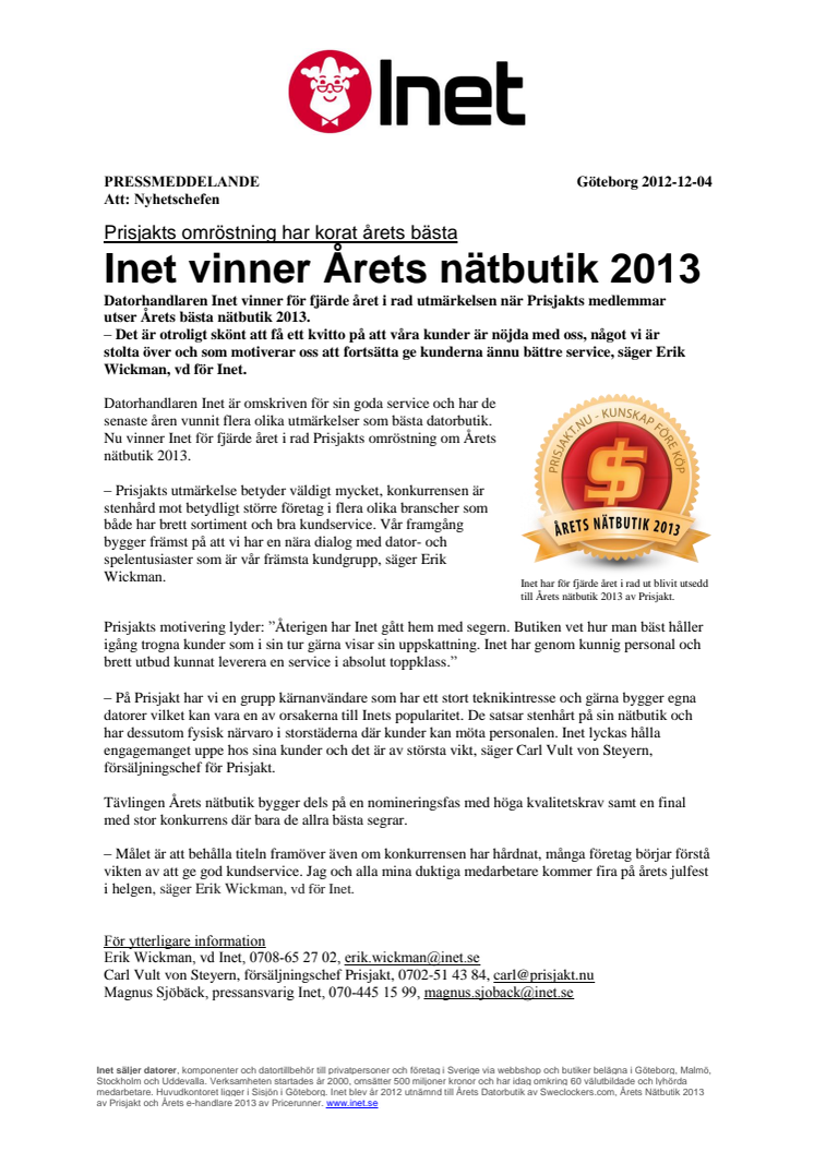 Prisjakt: Inet vinner Årets nätbutik 2013