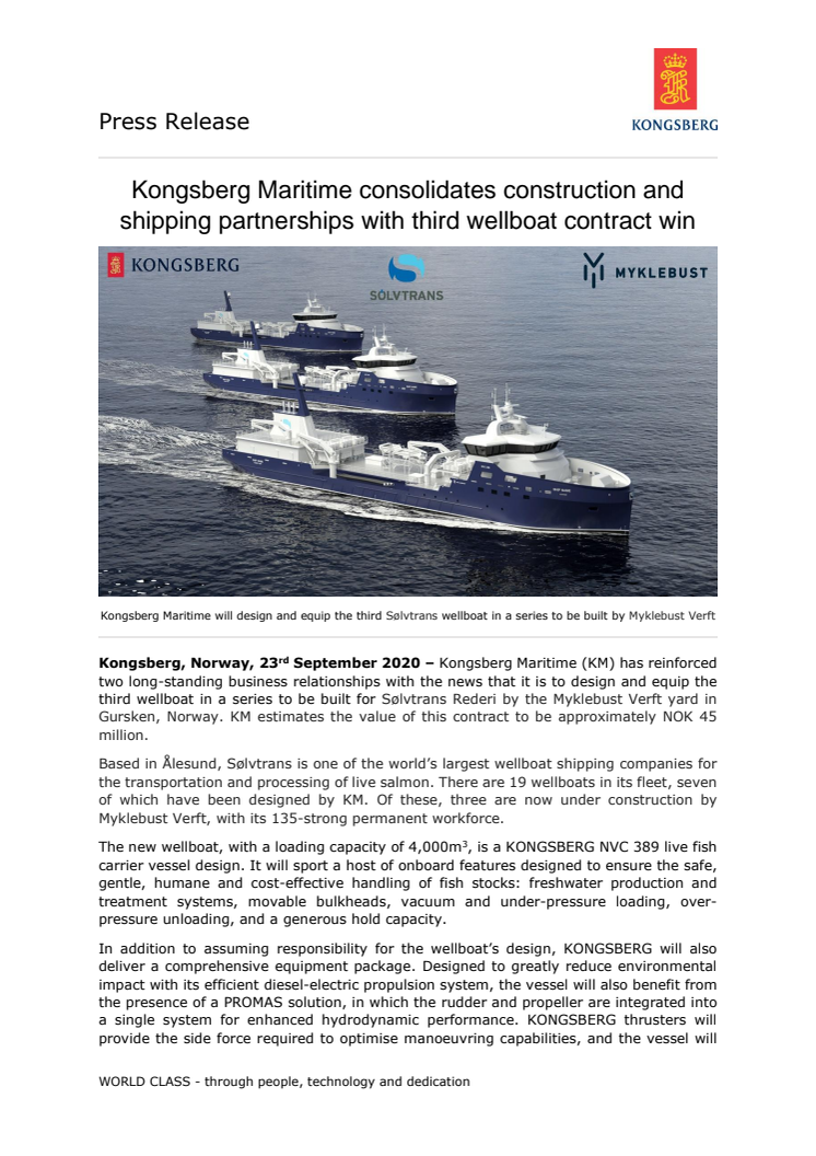 Kongsberg Maritime consolidates construction and shipping partnerships with third wellboat contract win