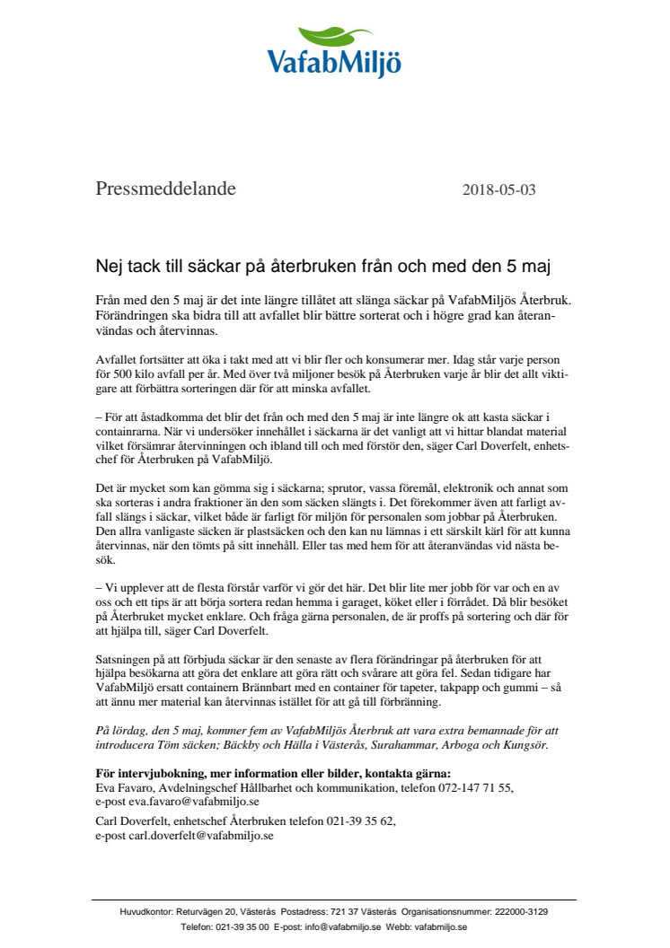 Nej tack till säckar på återbruken från och med den 5 maj