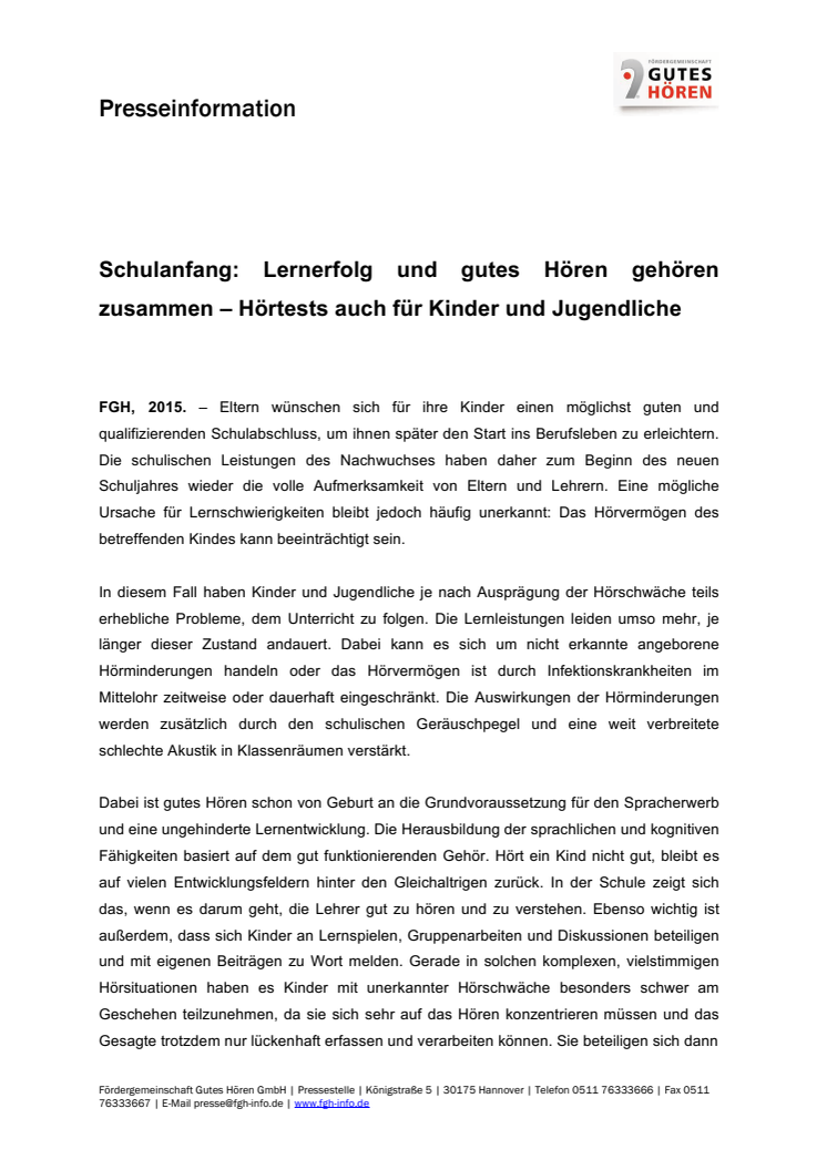 ​Schulanfang: Lernerfolg und gutes Hören gehören zusammen – Hörtests auch für Kinder und Jugendliche