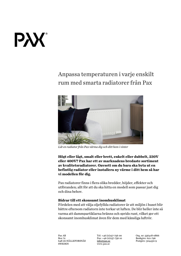 Anpassa temperaturen i varje enskilt rum med smarta radiatorer från Pax