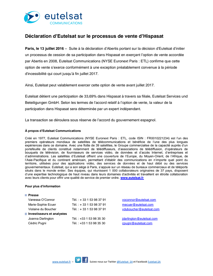 Déclaration d’Eutelsat sur le processus de vente d’Hispasat 