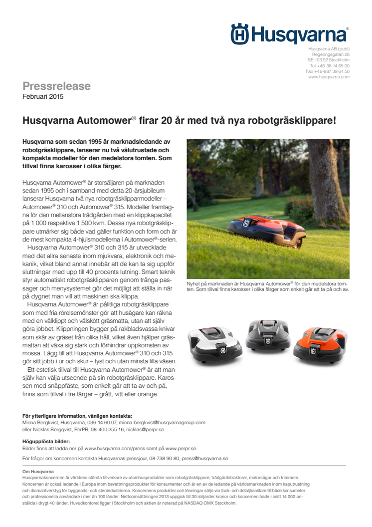 Husqvarna Automower® firar 20 år med två nya robotgräsklippare!