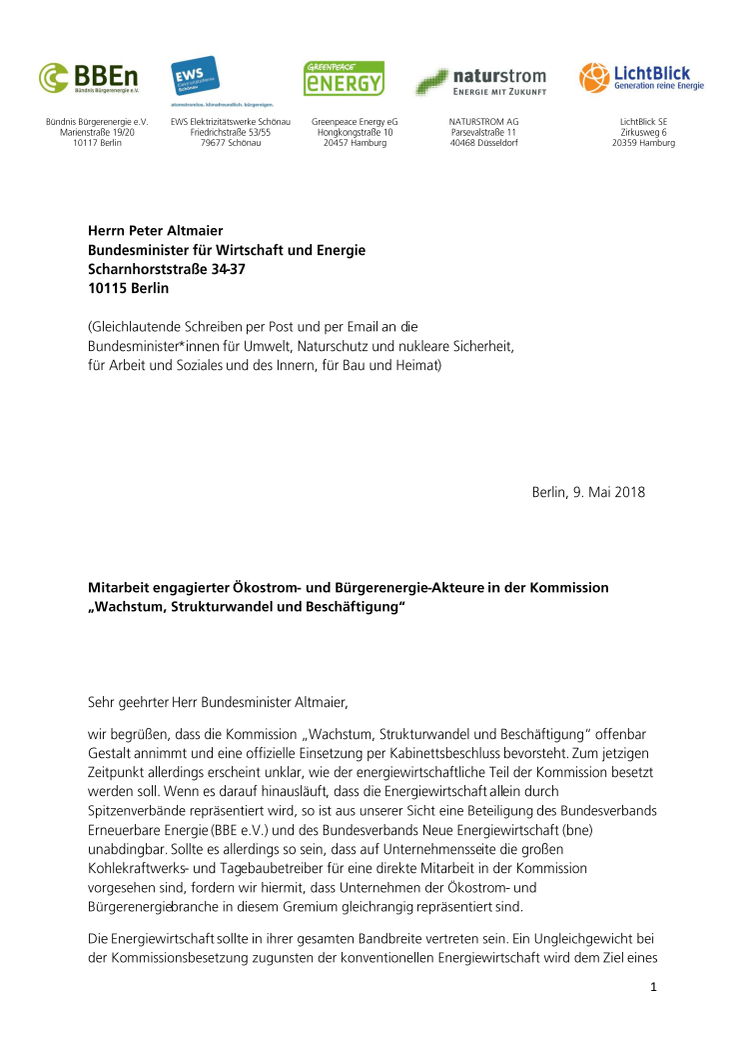 Brief der Ökostrom-Akteure zur Strukturwandel-Kommission