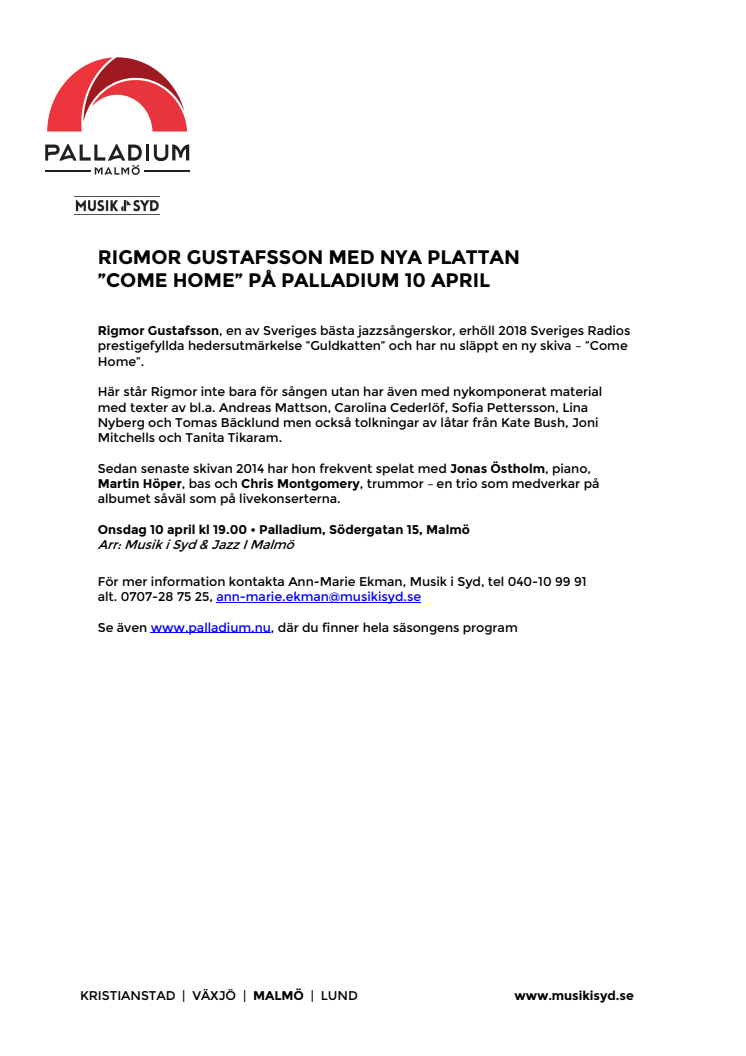 Rigmor Gustafsson med nya plattan "Come Home" på Palladium Malmö 10 april