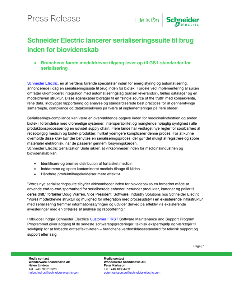Schneider Electric lancerer serialiseringssuite til brug inden for biovidenskab