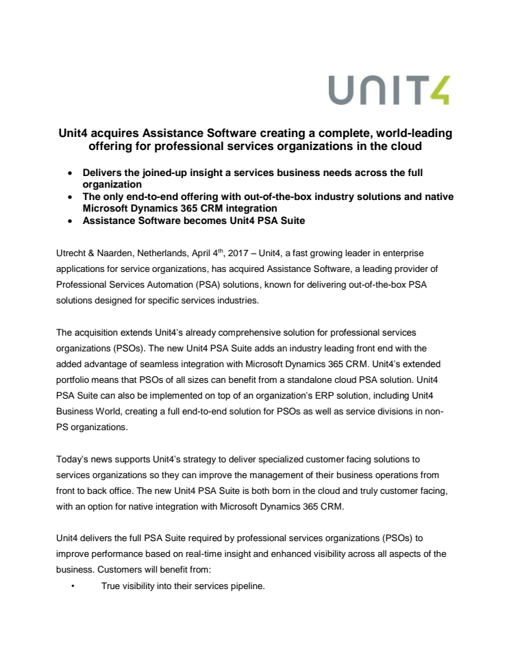 Unit4 stärker sitt erbjudande för tjänsteföretag genom uppköp av Assistance Software 