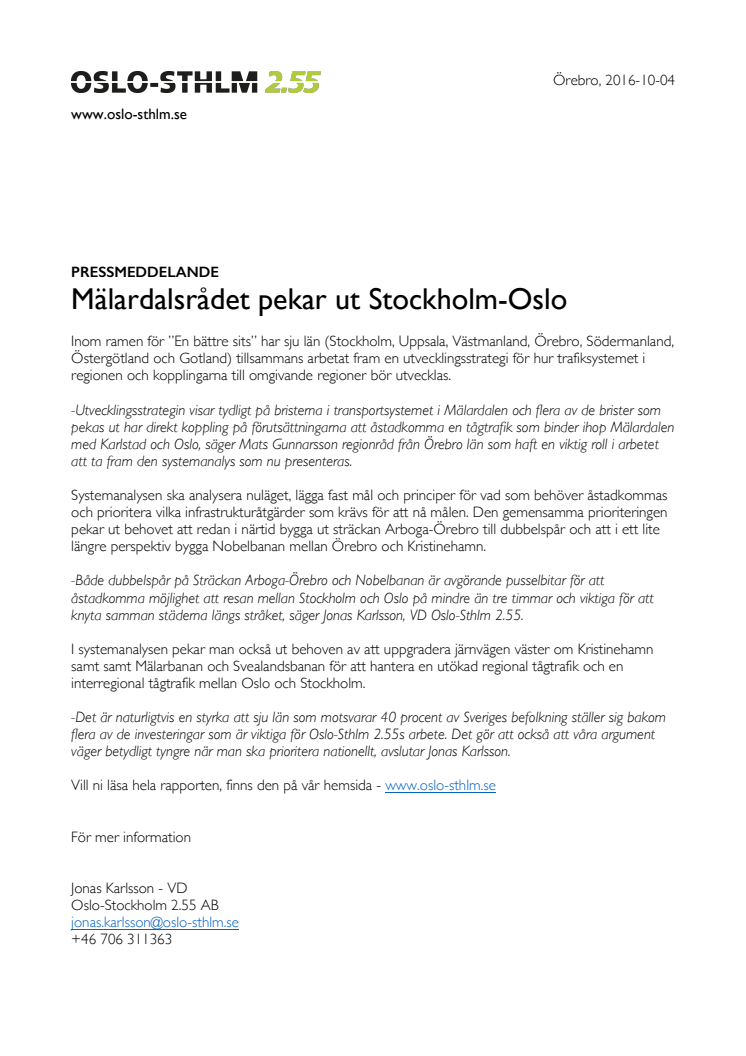 Mälardalsrådet pekar ut Stockholm-Oslo