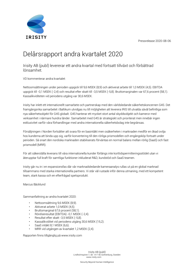 Delårsrapport andra kvartalet 2020