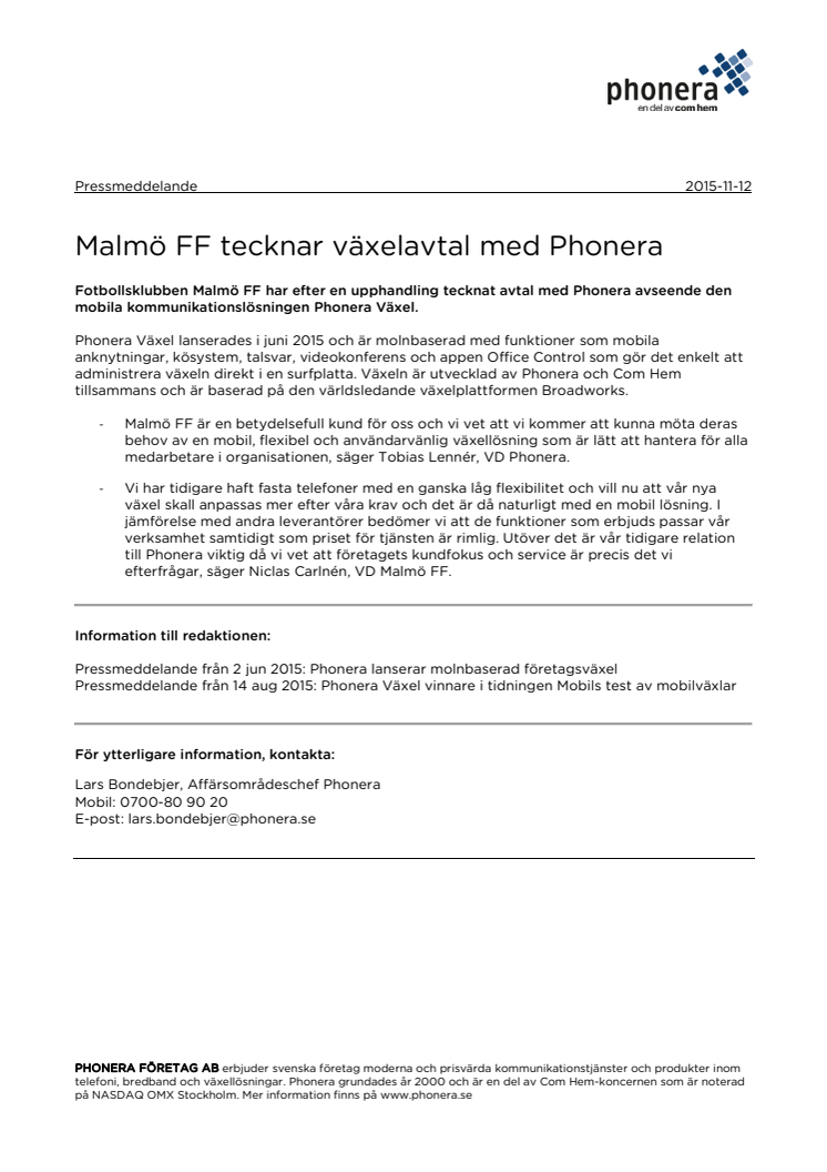 Malmö FF tecknar växelavtal med Phonera
