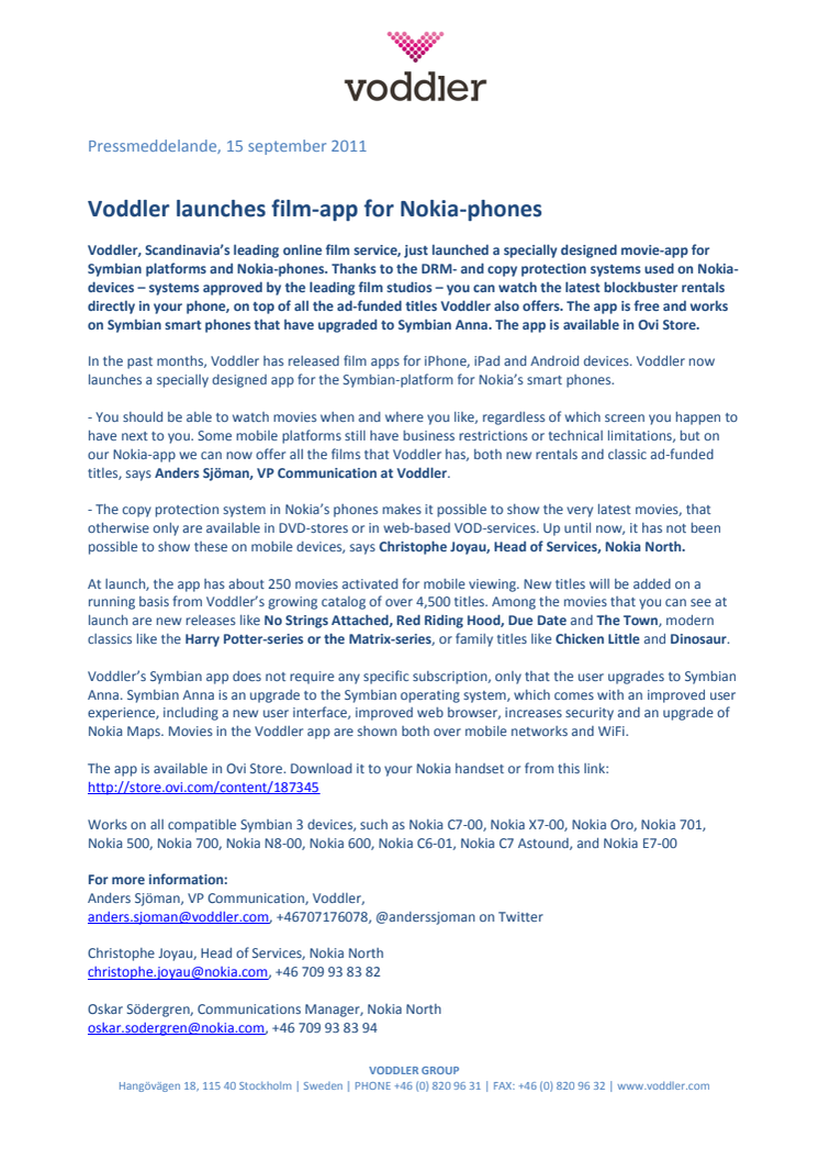 Voddler launches film-app for Nokia-phones