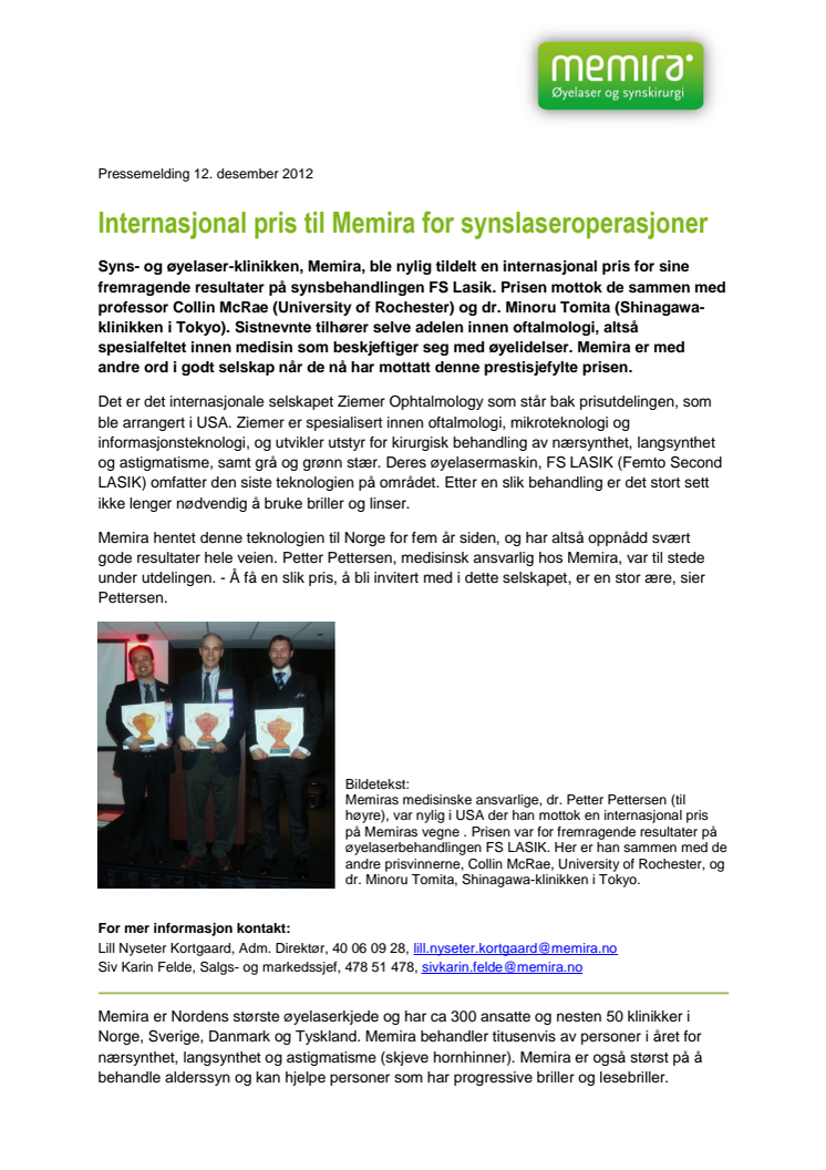 Internasjonal pris til Memira for synslaseroperasjoner