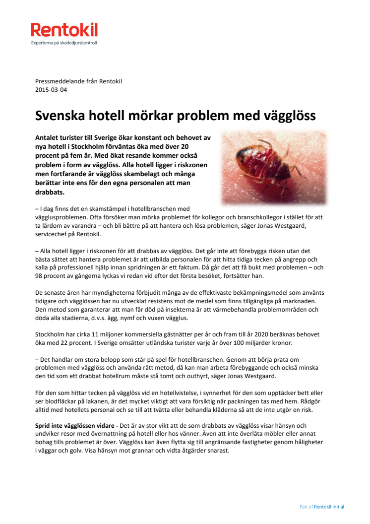 Svenska hotell mörkar problem med vägglöss