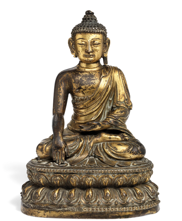 Buddha siddende på lotustrone. Kangxi 1662-1722. Vægt 5920 gr. H. 27 cm. 