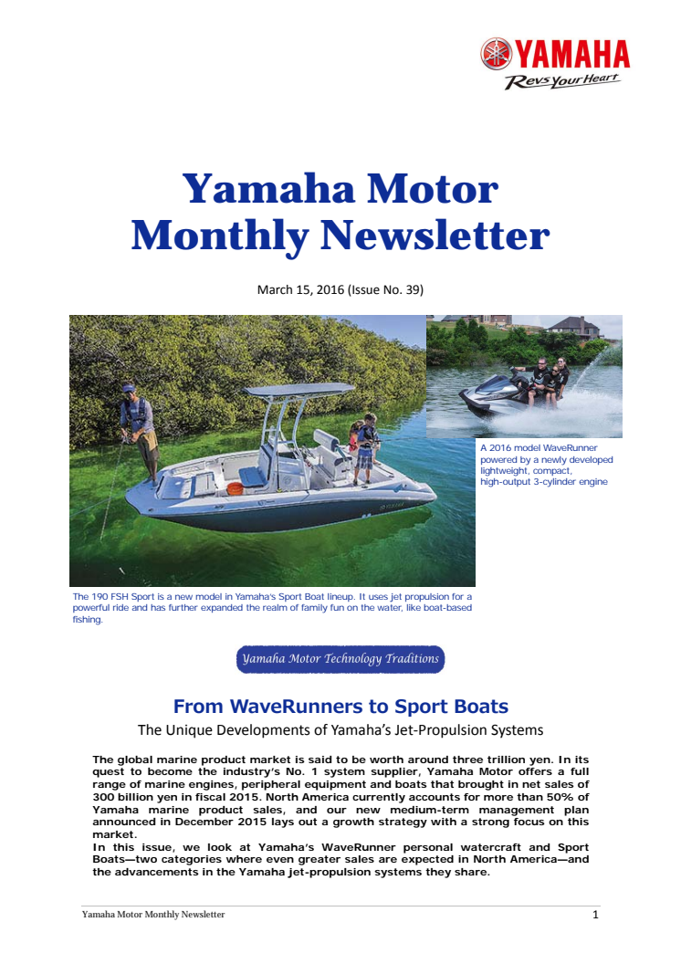 Yamaha Motor Monthly Newsletter  No.39(Mar.2016)From WaveRunners to Sport Boats