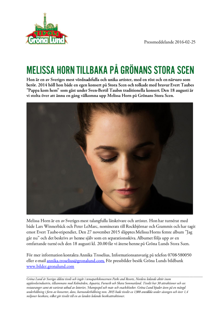 Melissa Horn tillbaka på Grönans Stora Scen