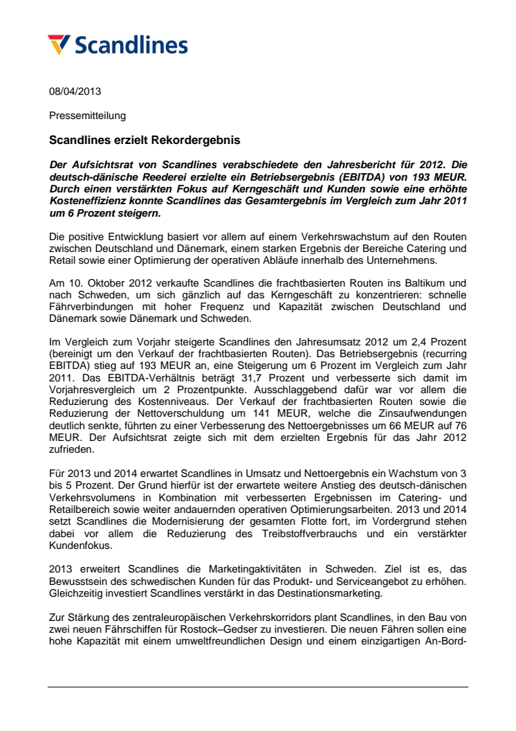Scandlines erzielt Rekordergebnis