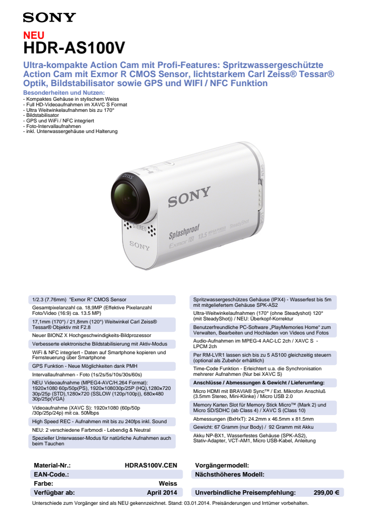 Datenblatt HDR-AS100V von Sony