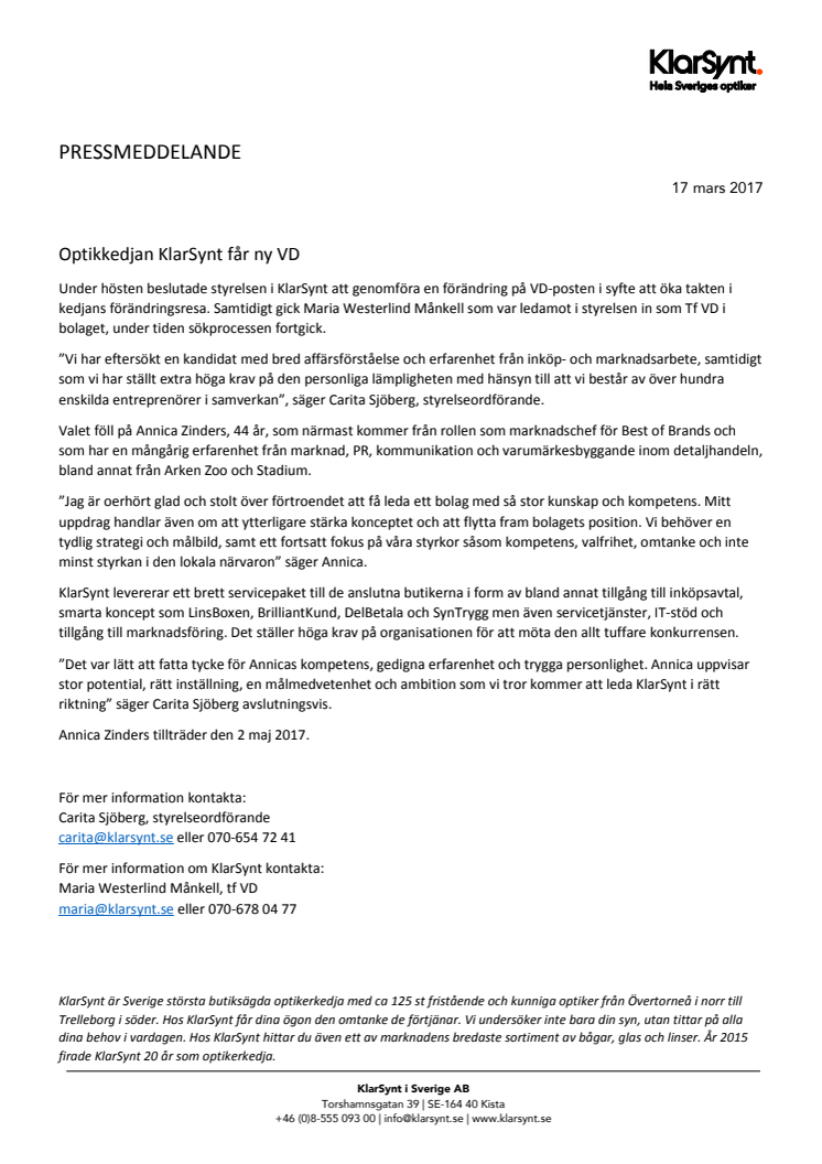 Optikkedjan KlarSynt får ny VD 