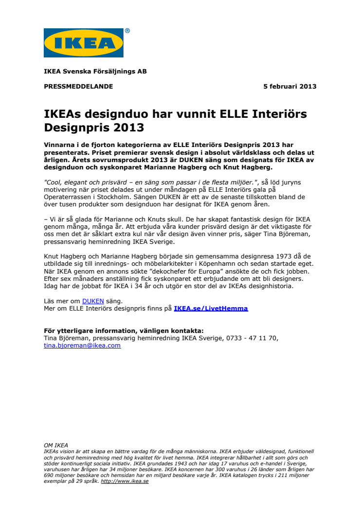 IKEAs designduo har vunnit ELLE Interiörs Designpris 2013