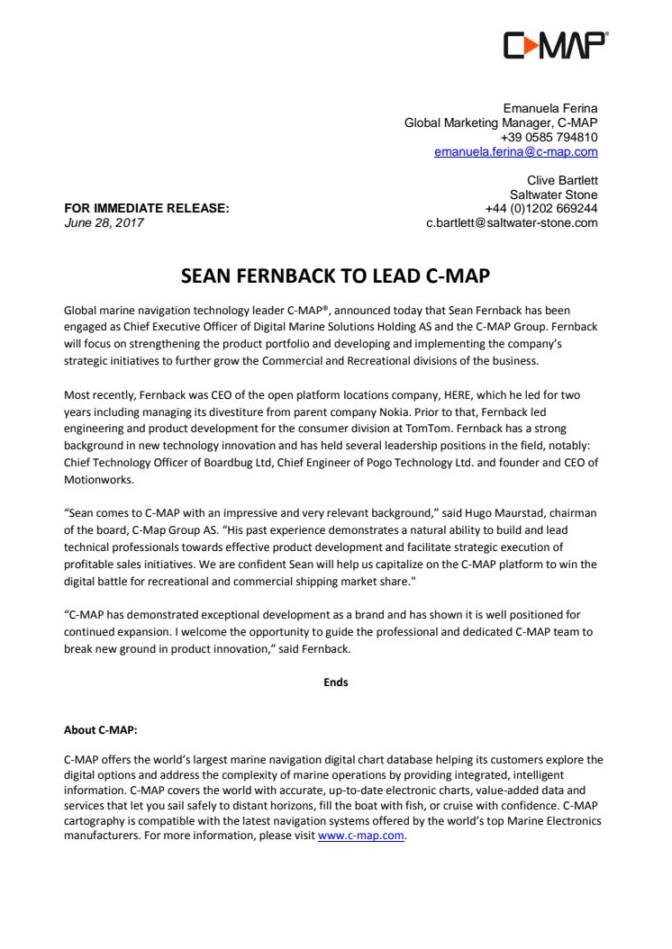 C-Map: Sean Fernback to Lead C-MAP