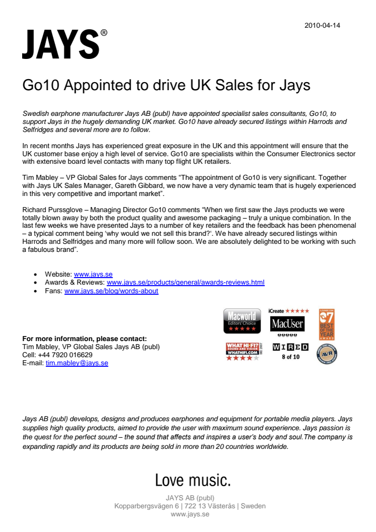 Go10 Appointed to drive UK Sales for Jays