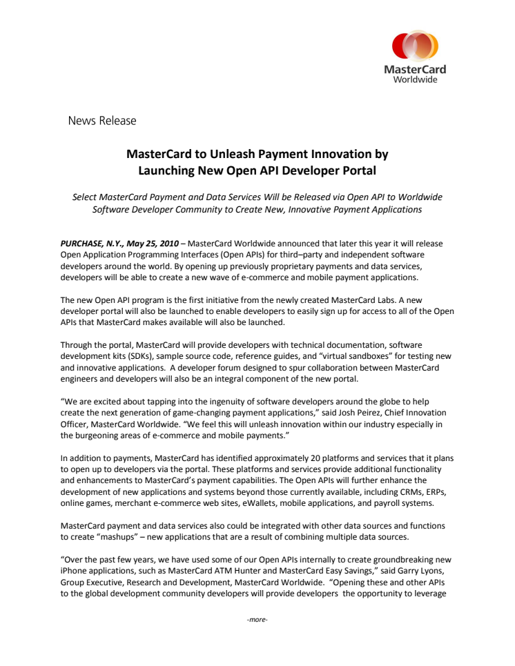 MasterCard to Unleash Payment Innovation by Launching New Open API Developer Portal