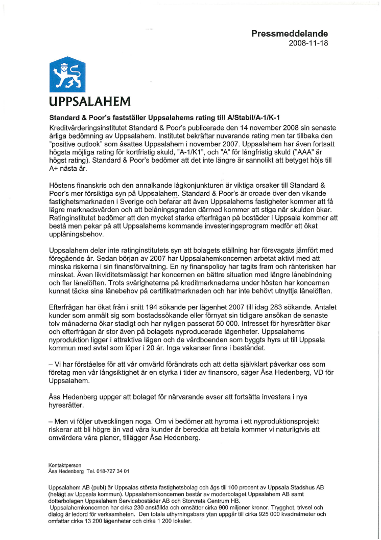 Standard & Poor’s fastställer Uppsalahems rating till A/Stabil/A-1/K-1