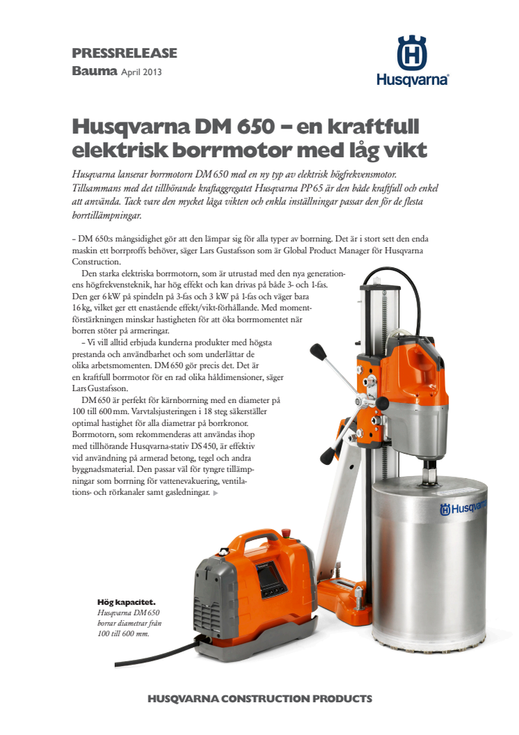 Bauma: Husqvarna DM 650 – en kraftfull elektrisk borrmotor med låg vikt 