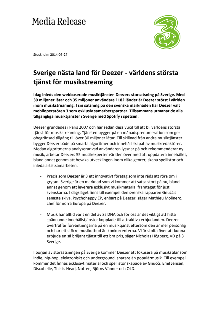Sverige nästa land för Deezer - världens största tjänst för musikstreaming