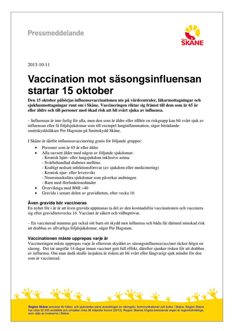 Vaccination mot säsongsinfluensan startar 15 oktober