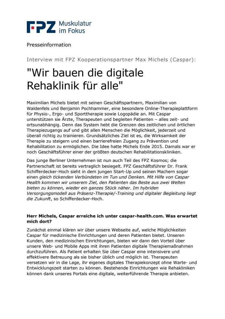 Interview mit FPZ Kooperationspartner Max Michels (Caspar): "Wir bauen die digitale Rehaklinik für alle"