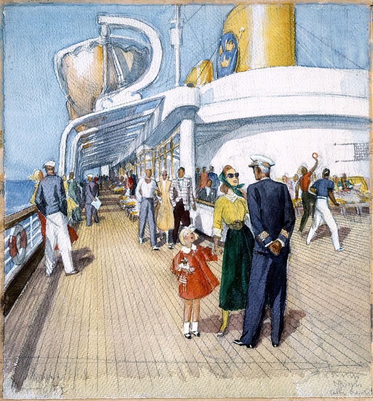 Passagerare på GRIPSHOLM (byggd 1957). Akvarell.