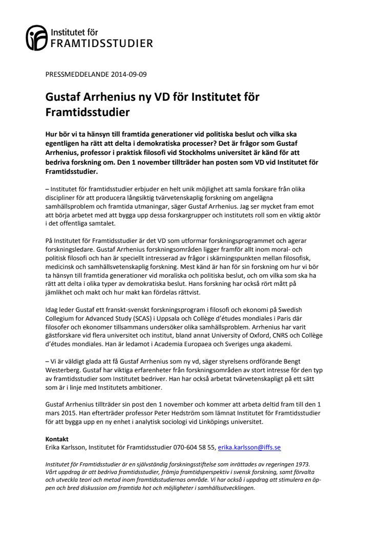 Gustaf Arrhenius ny VD för Institutet för Framtidsstudier