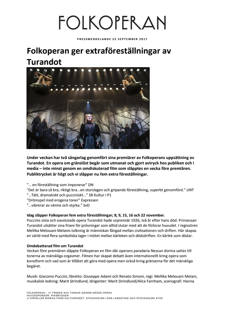 Folkoperan ger extraföreställningar av Turandot