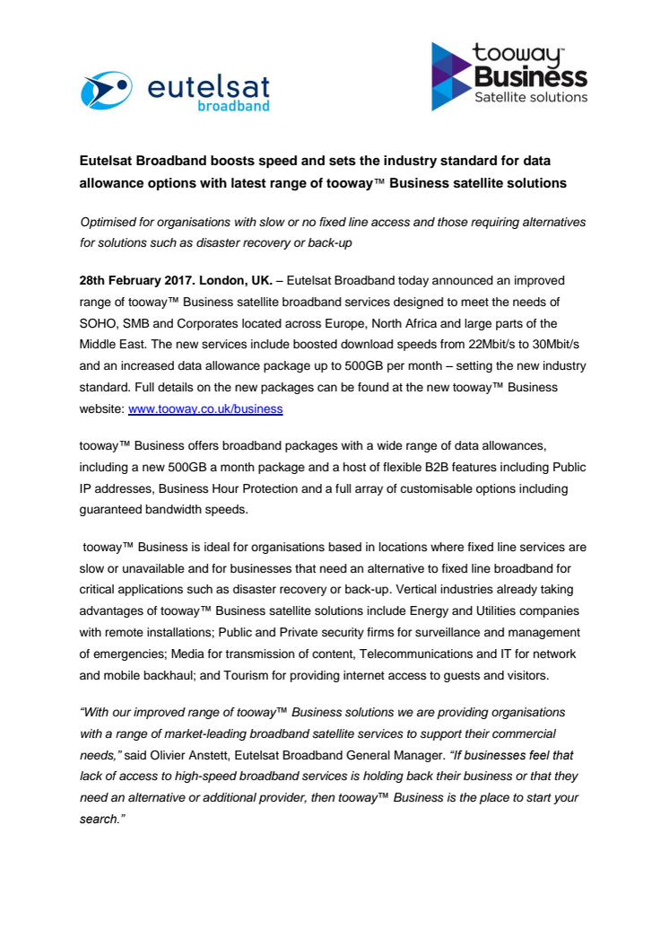Eutelsat Broadband boosts speed and sets the industry standard for data allowance options with latest range of tooway™ Business satellite solutions