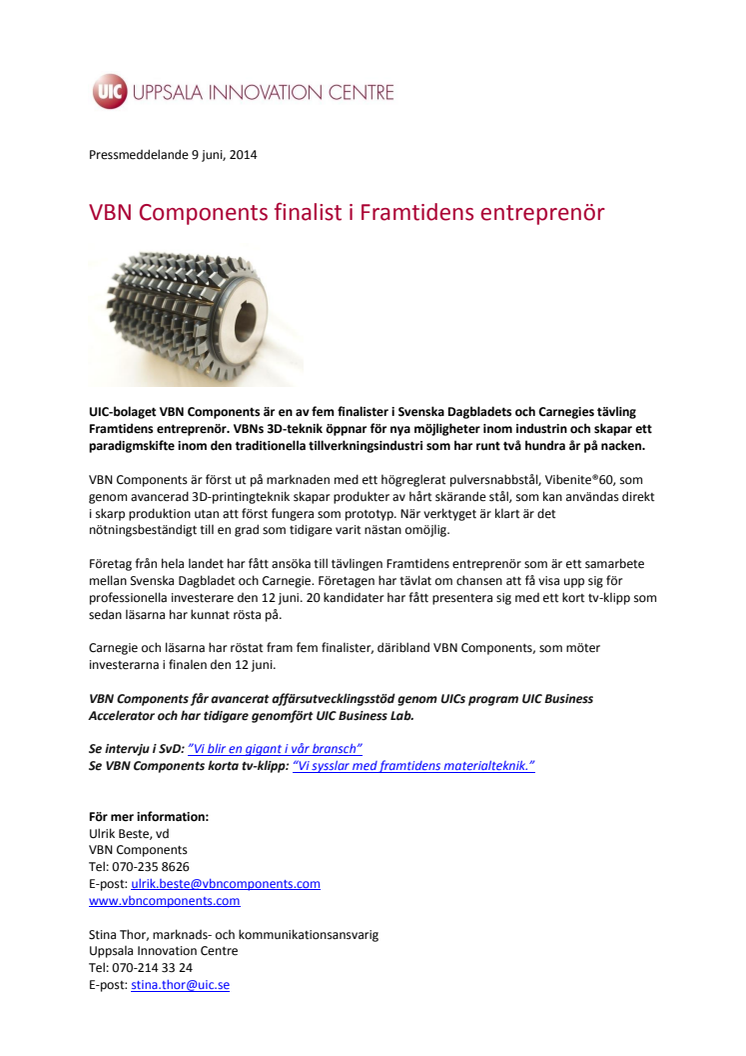 VBN Components finalist i Framtidens entreprenör