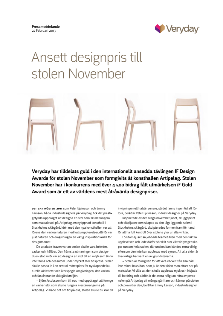  Ansett designpris till stolen November 