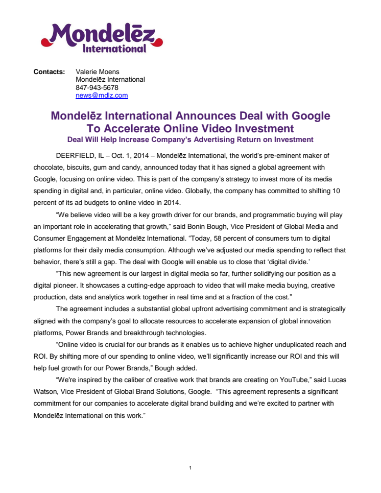 Mondelēz International Announces Deal with Google To Accelerate Online Video Investment