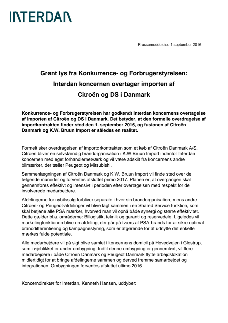 Grønt lys fra Konkurrence- og Forbrugerstyrelsen: Interdan koncernen overtager importen af Citroën og DS i Danmark