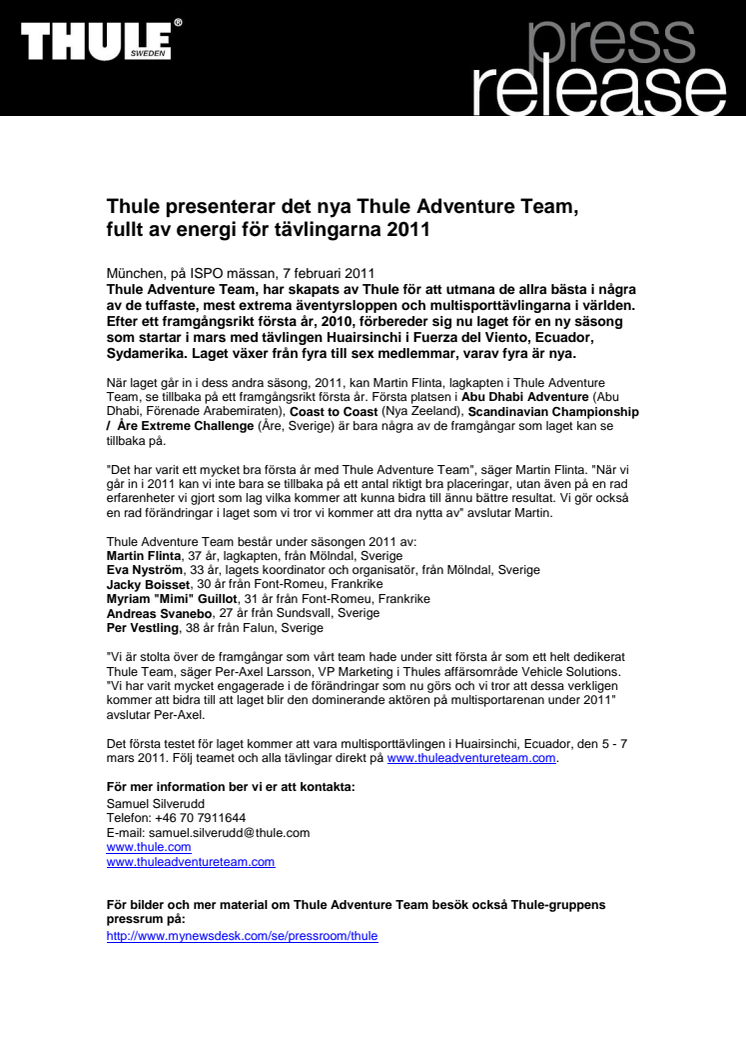 Thule presenterar det nya Thule Adventure Team, fullt av energi för tävlingarna 2011