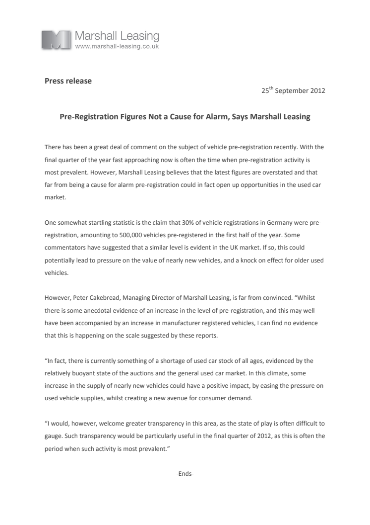 Pre-Registration Figures Not a Cause for Alarm, Says Marshall Leasing