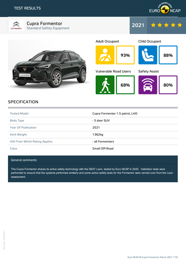 Cupra Formentor Euro NCAP datasheet March 2021