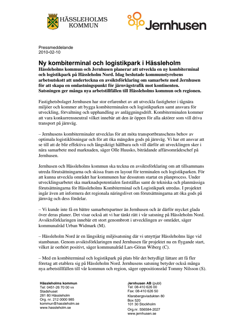 Ny kombiterminal och logistikpark i Hässleholm