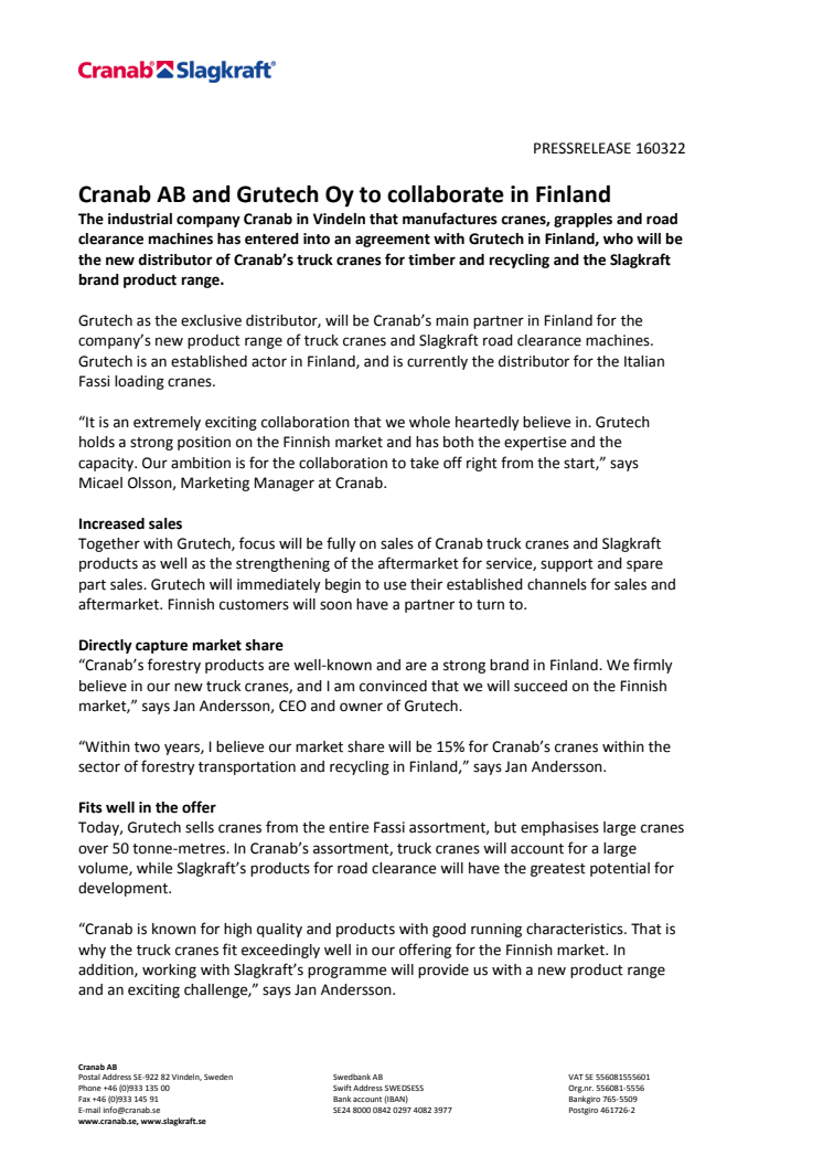 Cranab AB and Grutech Oy to collaborate in Finland