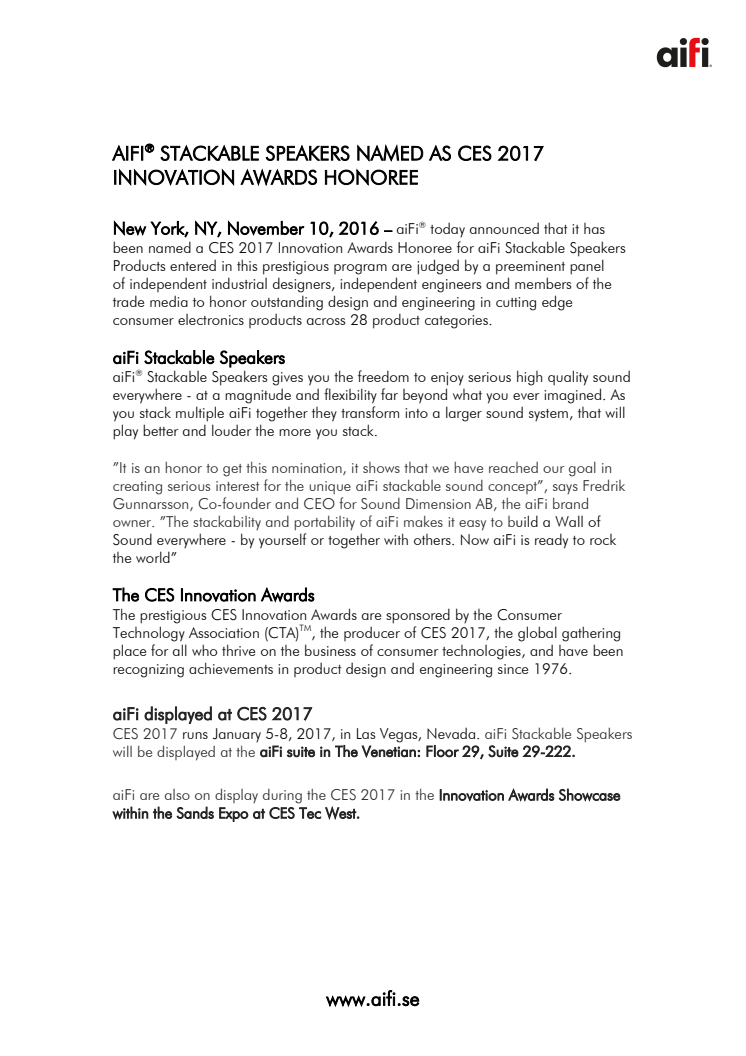 ​aiFi® nominerat till CES Innovation Awards Honoree 2017