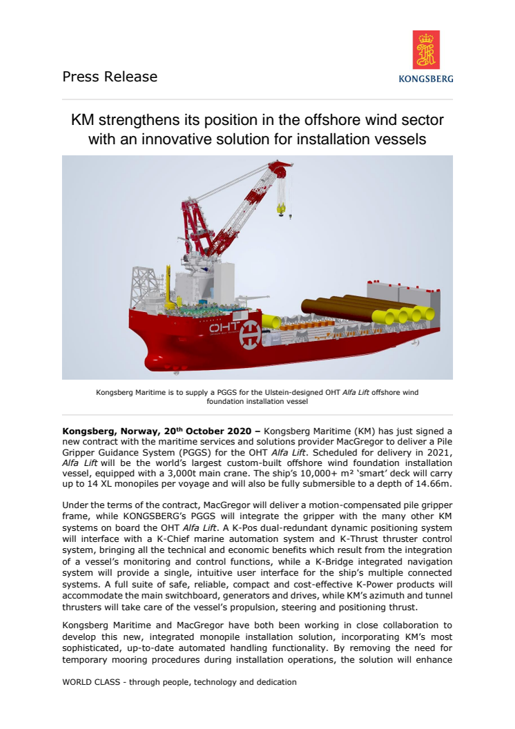 KM strengthens its position in the offshore wind sector with an innovative solution for installation vessels