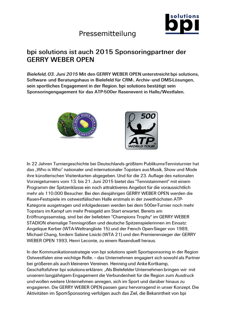 bpi solutions ist auch 2015 Sponsoringpartner der  GERRY WEBER OPEN