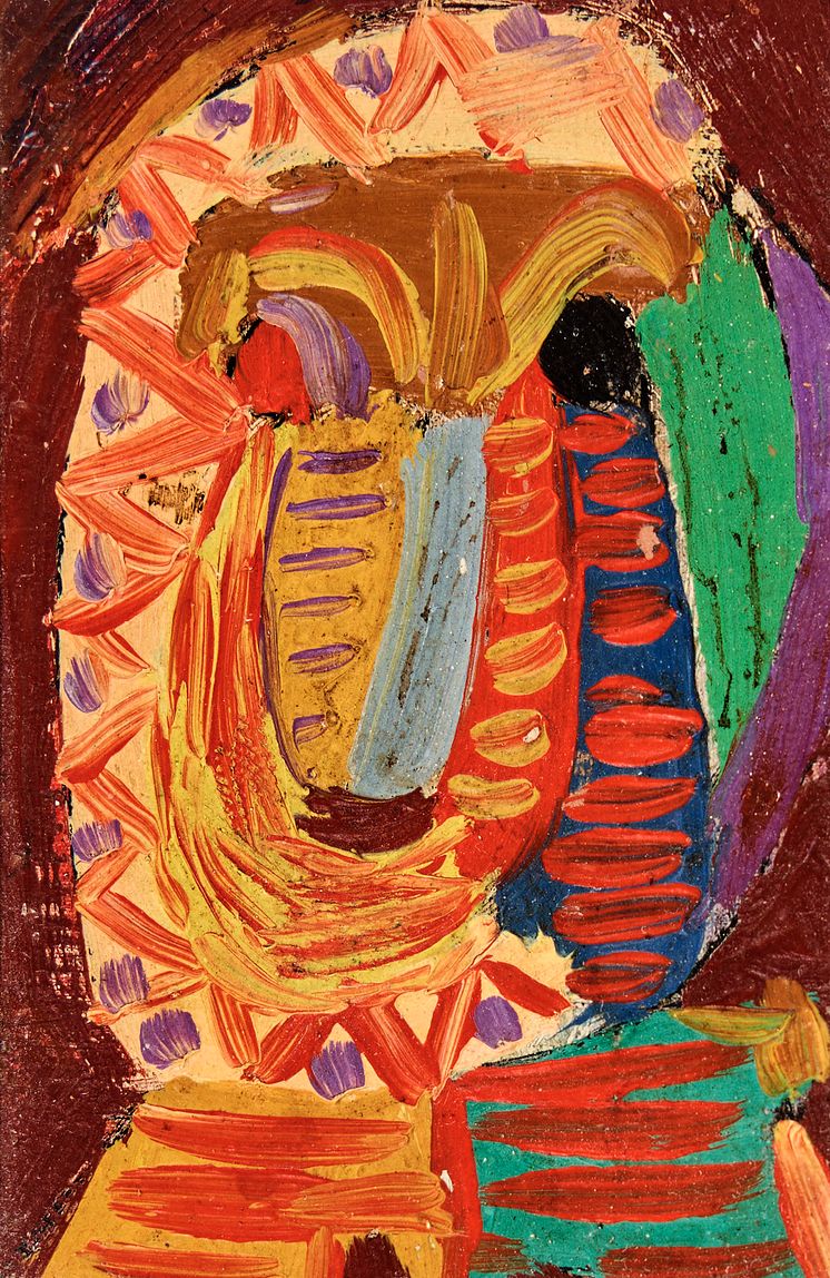 Asger Jorn- Uden titel, ca. 1944-45. Usign. Olie på plade indrammet med krydsfiner. 9 x 6,5. Lysmål 7,5 x 5..jpeg