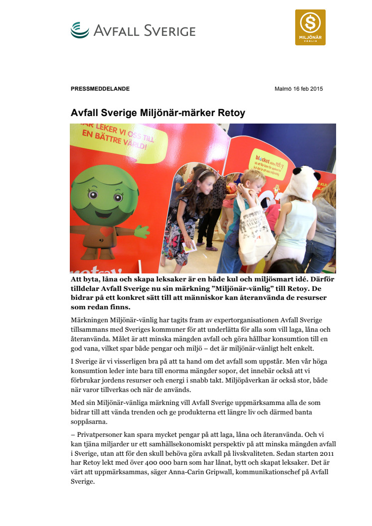 Avfall Sverige Miljönär-märker Retoy